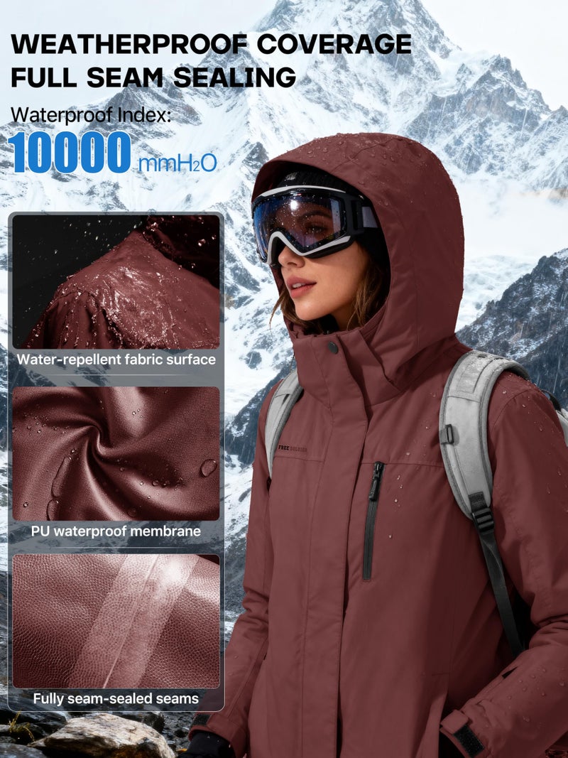 FREE SOLDIER Women's Waterproof Ski Snow Jacket Fleece Lined Warm Winter Rain Jacket with Hood Fully Taped Seams(Wine Red,L) - Image 4